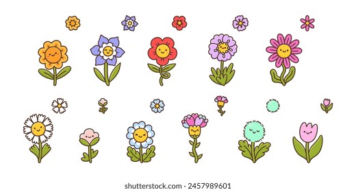 Set with different cartoon flowers with happy emotions. Blooming plants with happy smiling face. Cute сolorful decoration elements. Vector illustration isolated on white background