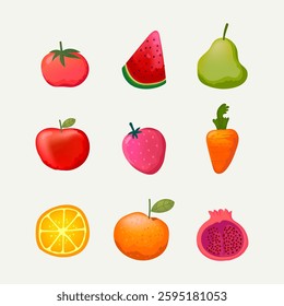 Set of different cartoon fruits hand drawn vector illustration. flat style pastel color isolated collection.