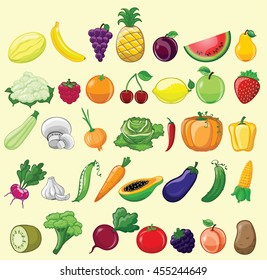 Set of different cartoon fruits and vegetables