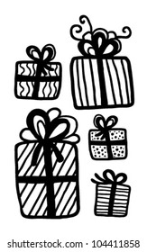 Set of different cartoon gift boxes in black outlines
