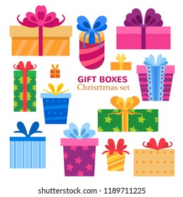 Set of different cartoon gift boxes. Flat design. Vector illustration isolated on white background.
