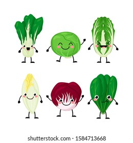 Set of different cartoon green salad leaves characters vector illustration isolated on white background. Cute kawaii lettuce Chinese cabbage, pet tsai, pak choi, iceberg, endive, radicchio romaine. 