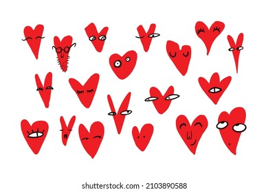 set of different cartoon hearts with emotions