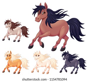 Conjunto de diferentes caballos de caricatura. Caracteres aislados del vector.