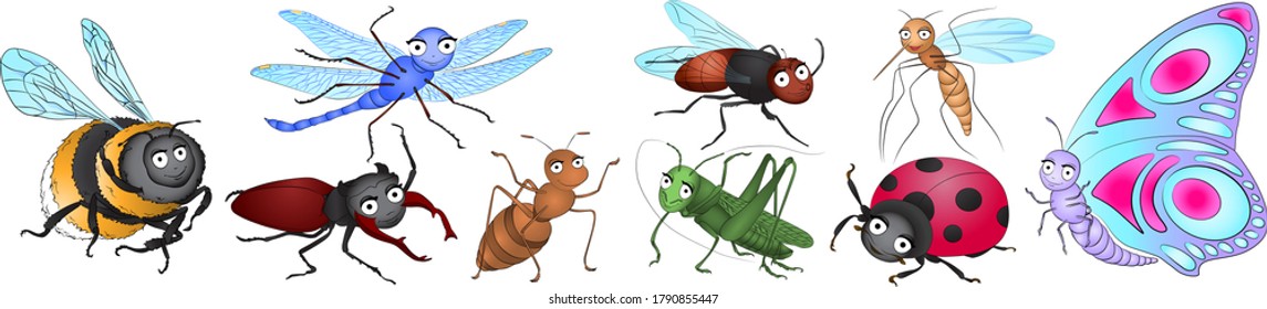 Conjunto de diferentes insectos de dibujos animados. Graciosos insectos. Página de coloreado para niños preescolares. Ilustración vectorial. Bicho, mariposa, mosquito, hormiga, abejorro, escarabajo de ciervo, saltamontes, mosca, libélula.