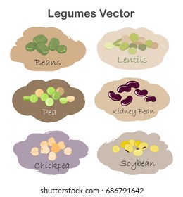 Set of different cartoon legumes labels isolated on white background. Kidney, soy, green beans, peas, chickpeas, lentils.