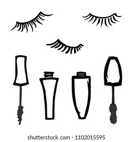 Set of different cartoon mascaras brushes tubes and false eyelashes. Makeup product. Vector illustration. 