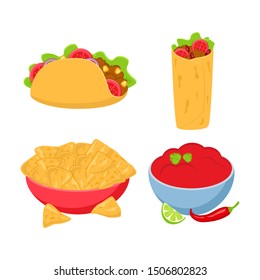 Set of different cartoon Mexican food vector illustration isolated on white background. Taco, burrito, salsa dip, nachos vector.