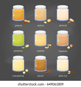 Set of different cartoon nut spreads or butters in glass isolated on chalkboard background.