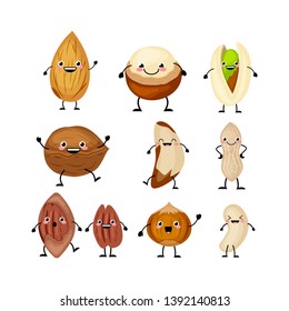 Set of different cartoon nuts vector illustration isolated on white background. Kawaii peanut, hazelnut, walnut, Brazil nut, pistachio, cashew, pecan, almond, macadamia.