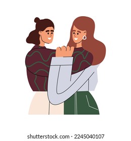 Conjunto de diferentes personajes de caricatura que abrazan la sensación de amor y emoción positiva vectorial ilustración. Colección de amigos, pareja abrazándose aislados en el fondo blanco. Concepto de amistad
