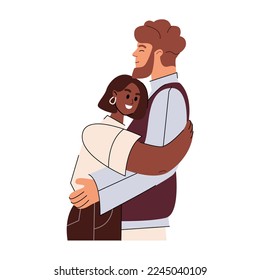 Set of different cartoon people hugging feeling love and positive emotion vector graphic illustration. Collection of friends, couple embracing isolated on white background. Friendship concept