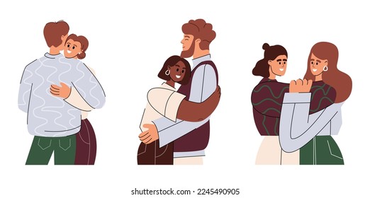 Set of different cartoon people hugging feeling love and positive emotion vector graphic illustration. Collection of friends, couple embracing isolated on white background. Friendship concept