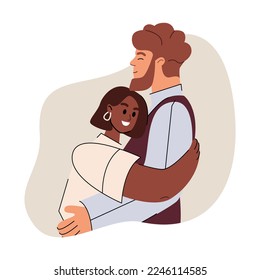 Set von verschiedenen Cartoons Menschen umarmt fühlen Liebe und positive Emotion, Vektorgrafik. Kollektion von Freunden, die sich auf weißem Hintergrund versammeln. Freundschaftskonzept