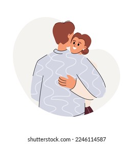 Set of different cartoon people hugging feeling love and positive emotion vector graphic illustration. Collection of friends, couple embracing isolated on white background. Friendship concept