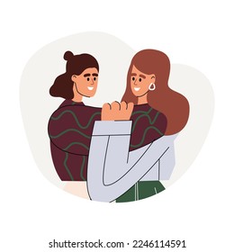 Set of different cartoon people hugging feeling love and positive emotion vector graphic illustration. Collection of friends, couple embracing isolated on white background. Friendship concept