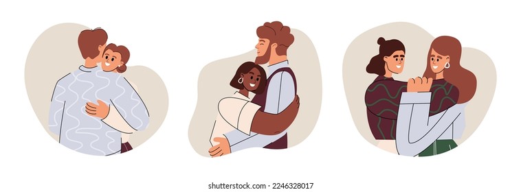 Set of different cartoon people hugging feeling love and positive emotion vector graphic illustration. Collection of friends, couple embracing isolated on white background. Friendship concept