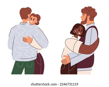 Conjunto de diferentes personajes de caricatura que abrazan la sensación de amor y emoción positiva vectorial ilustración. Colección de amigos, pareja abrazándose aislados en el fondo blanco. Concepto de amistad