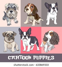 Set of a different Cartoon puppies. Vector illustration.