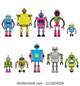 Set Of different cartoon robots characters ,spaceman cyborg isolated on white background. Vector illustration.