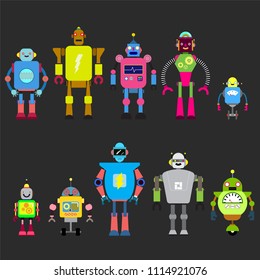 Set Of different cartoon robots characters ,spaceman cyborg isolated on white background. Vector illustration.