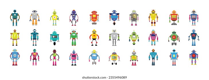 Set Of different cartoon robots characters, spaceman cyborg isolated on white background. Vector illustration.