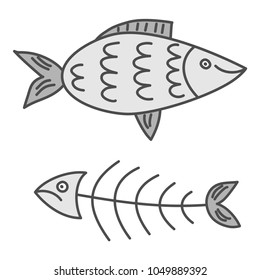 Set of different cartoon sea marine river smiling fish and sad fishy skeleton made in kid childish style. Vector illustration. 