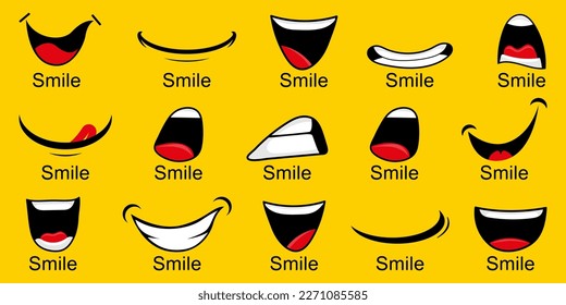 Conjunto de diferentes sonrisas de dibujos animados en un diseño plano. Recolección aislada de la emoción de sonrisa