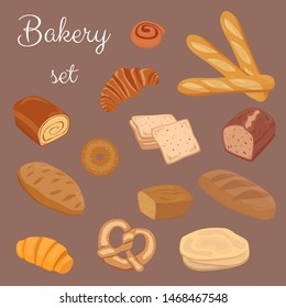 Set of different cartoon style pastry icons, vector set of bakery elements.
