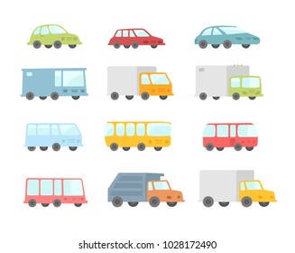 Set of different cartoon transparent cars buses and trucks. Flat vector stock illustration.