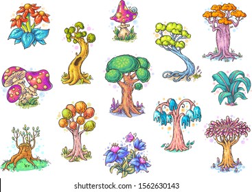 Set of different cartoon trees, colorful vector illustration