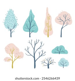 a set of different cartoon trees drawn by hand.  lovely trees in pastel colors. Scandinavian decor for the children's room