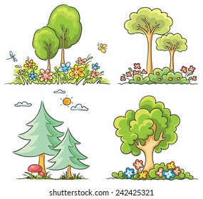 Set of different cartoon trees with flowers
