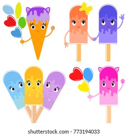 A set of different cartoon variants of Eskimo on wooden sticks. And also ice cream in a waffle cup, watered with a syrup of purple.With small cat ears. With a bunch of bright balloons.