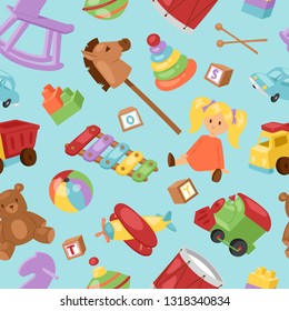 Set of different cartoon vector kids toys collection background playfull children stuff. Different cartoon vector toys Hors, piranide, car, ball