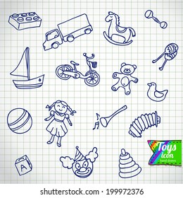set of different cartoon vector toys, hand drawn illustration