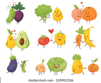 Set of different cartoon vegetables and fruits. Vector illustration on a white background.