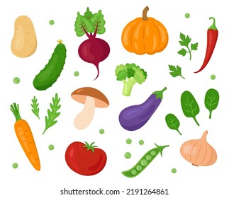 Set with different cartoon vegetables and herbs for farmer's markets and festivals, shops, websites, apps etc. Organic and fresh local food. Vegetarian or vegan theme. Vector flat style illustration.