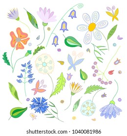 Conjunto de diferentes dibujos animados de flores de campo silvestre de diferentes colores hojas y mariposas. Plantas. Elementos florales. Ilustración vectorial. 