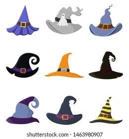 Set of different cartoon witch hats isolated on white background. Children kid costume masquerade party. Design elements for Halloween. Vector illustration.