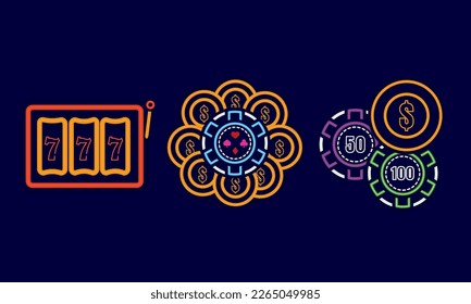 Juego de diferentes iconos de casino estilo neón Vector