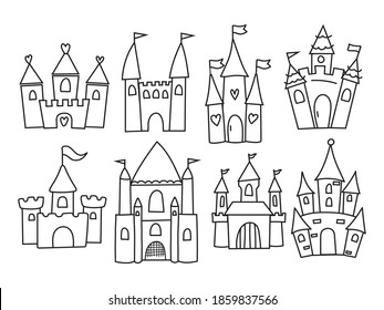 Set of different castles. Сollection of cute types of medieval castles. Architecture. Vector illustration of a princess house on a white background. Linear art.