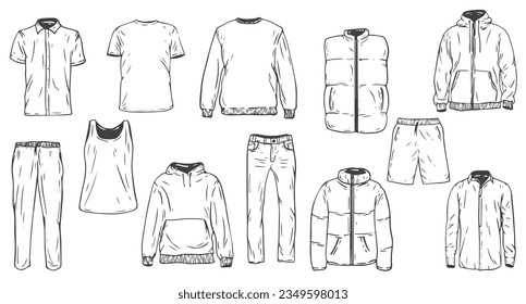 Set different casual clothes in cartoon hand draw flat style. Collection fashion unisex accessories isolated on white background. T-shirt, pants, hoodie. Outline vector illustration.
