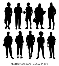 Set of different casual men character black silhouettes. Monochrome icons of people standing, walking side, front, rear view. Vector illustrations isolated on white background.
