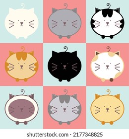 Set of different cat breeds. Cute cat cartoon characters. Hand drawn flat vector illustration isolated on blue and pink background.