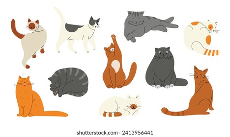 Set with different cat breeds in flat doodle design. Hand drawn vector illustrations isolated on white