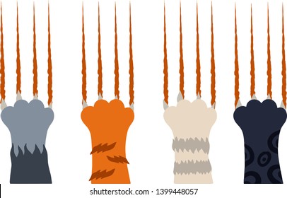 Set of different cat paws with claws and bloody scratch marks. Angry pet. Red, black, grey and white striped cat with fur. Injury and cut. Hands of the beast. Cartoon flat illustration 