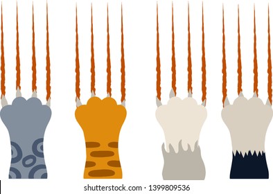 Set of different cat paws with claws and bloody scratch marks. Angry pet. Red, black, grey and white striped cat with fur. Injury and cut. Hands of the beast. Cartoon flat illustration 