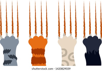 Set of different cat paws with claws and bloody scratch marks. Red, black, grey and white striped cat with fur. Injury and cut. Hands of the beast. Cartoon flat illustration. Angry pet