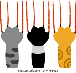 Conjunto de diferentes patas de gato con garras y marcas de rasguños sangrientas. Mascota enojada. Pieles rayadas rojas, negras, grises y blancas. Lesiones traumáticas y cortes. Dibujo plano de caricatura. Manos de la bestia